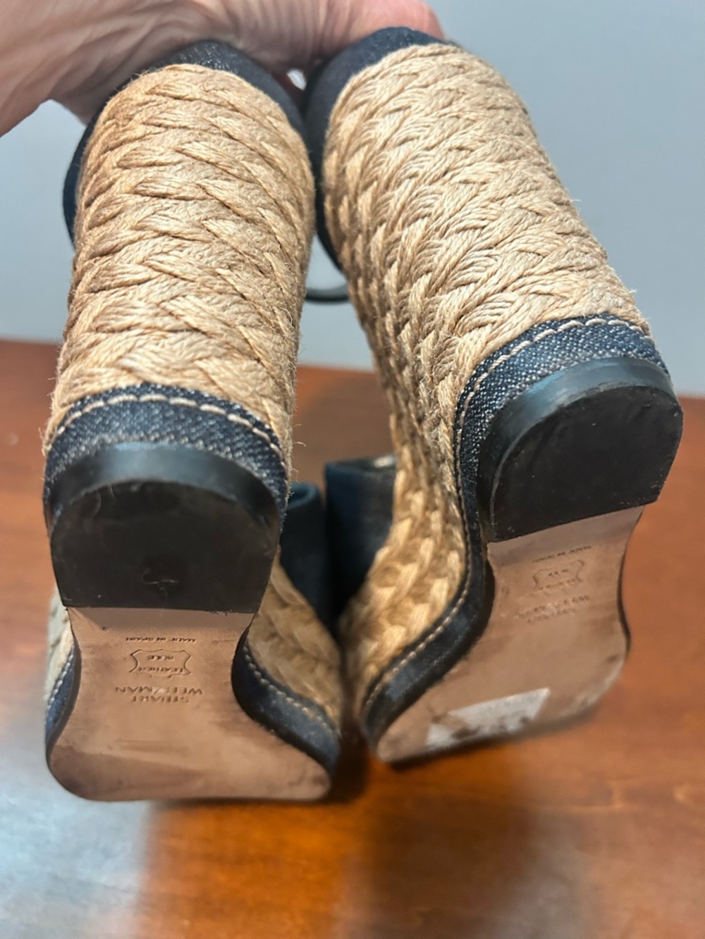 Stuart Weitzman Sohojute Dark Denim Espadrille Ankle-Strap Wedge Sandals - Picture 13 of 15